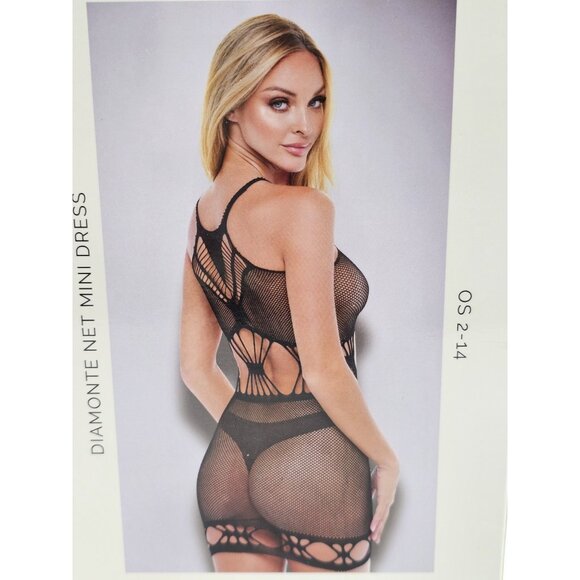 Baci Lingerie Women's One Size 2-14 Black Sheer Mesh Diamonte Net Mini Dress - Picture 5 of 7